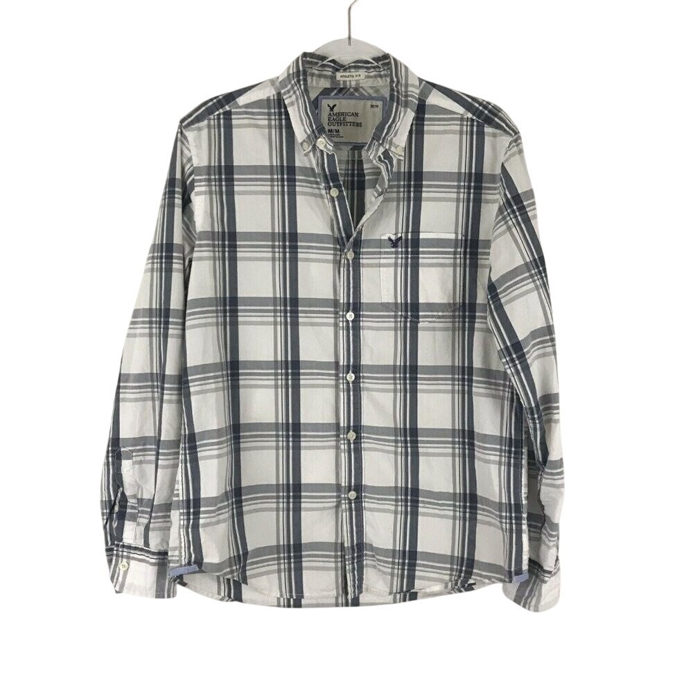 American Eagle Outfitters Men M Shirt Button Front Long Sleeve White Navy Gray
